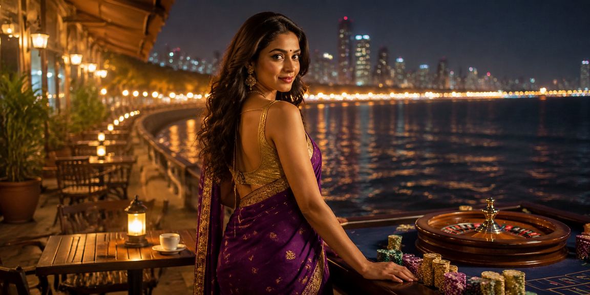 Indian woman playing Teen Patti on mobile device at Mumbai Marine Drive