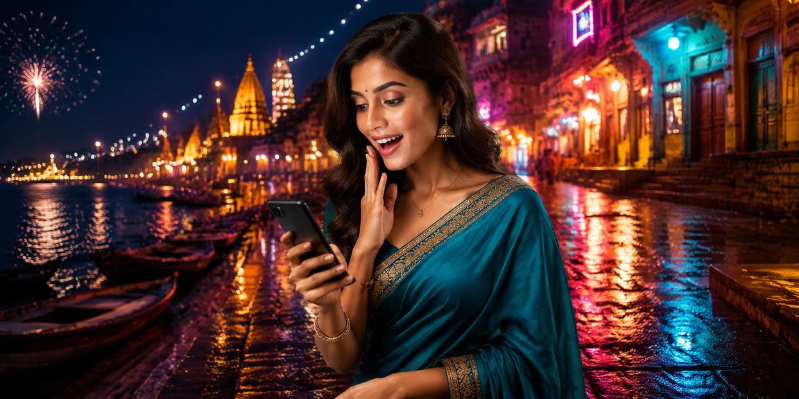 Indian player logging in to online betting platform from Varanasi Ghat